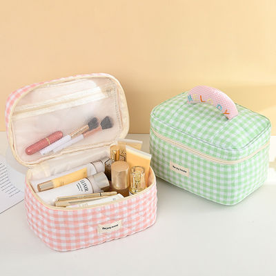Custom Logo Macaron farbige Baumwolle Plaid Make-up-Tasche für tragbare Reise und Lagerung