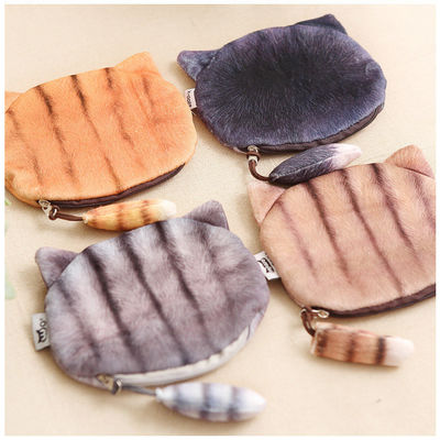Customized Farbe Plush Make-up-Tasche mit 3D Katze Münze Handtasche und Tier Druck Schwanz Reißverschluss