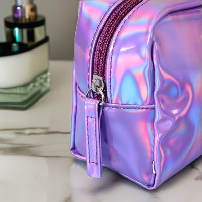 PU-Kosmetik-Tasche Custom Logo Holographische Silber Lila wasserdichte Reißverschluss Tasche Rose Gold Make-up-Tasche Mode