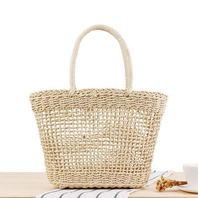 Sommerstrandhandtaschen Handgefertigte Stroh-Tote-Tasche Wicker Gewebtes Stricknetz Hohler Korb