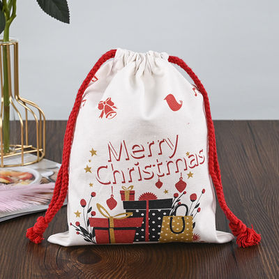 Persönliches Logo 2022 Weihnachtsschnur Taschen 100% Baumwolle Weihnachtsmann Strümpfe Süßigkeiten Nüsse Geschenkpackung