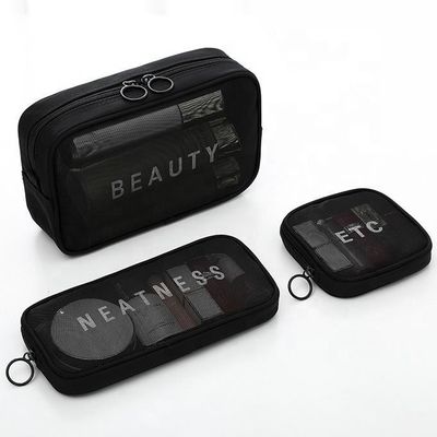 Massivmuster Typ Nylon-Gitter Toilettenartikel Make-up Kosmetik-Tasche Set mit benutzerdefinierten Buchstaben Logo