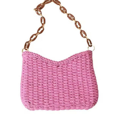 2024 Kleine frische lila Strohtasche Gewebte Handarbeit für das Seaside Resort Strand Feste Farbe