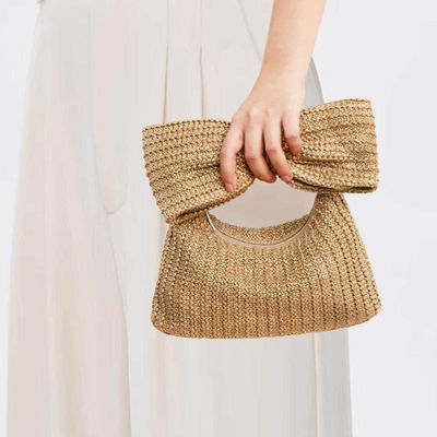 Einkaufstüte für Frauen Bogen Stroh gewebter Strand Raffia Kupplung Handtasche Casual Tote