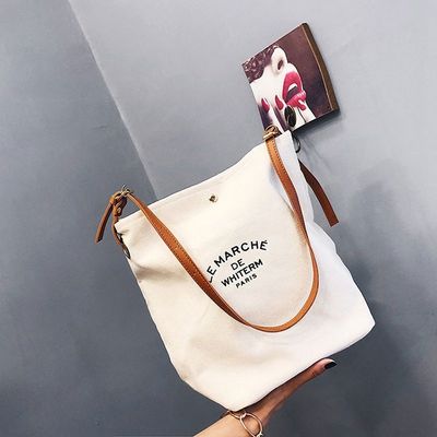 Modedesign für Frauen Custom Logo Baumwolle Leinwand Tote-Tasche mit braunen Ledergriffe