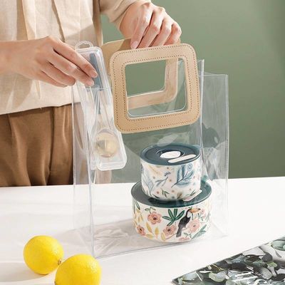 Lederhandgriff Wiederverwendbare Handtasche Transparente PVC Kunststoff Geschenkepackung Tote-Tasche für Strandtasche
