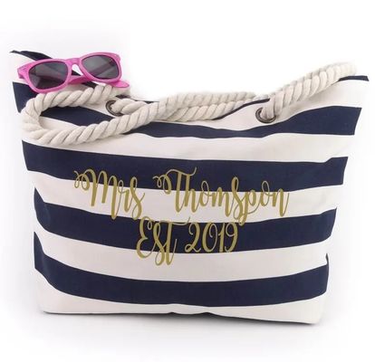Personalisierte Logo Leinwand Streifen Tote Tasche für Sommer Beach School Tasche Trolley Ankunft