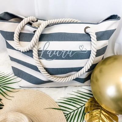 Personalisierte Logo Leinwand Streifen Tote Tasche für Sommer Beach School Tasche Trolley Ankunft