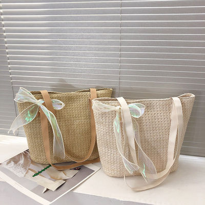 2022 Mode Damen Handtasche Reißverschluss Große Kapazität gestreifte Strohstrand-Tote-Tasche