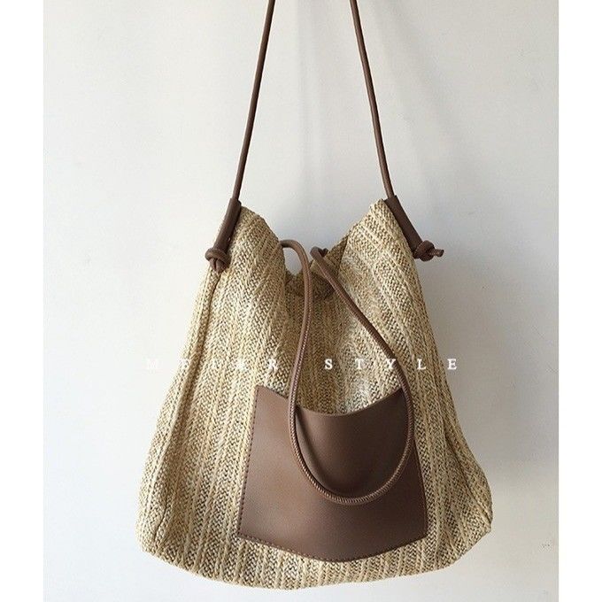 Polyester-Lining Handgewebte Strohtasche Große Tote Schulter Crossbody-Tasche für Frauen