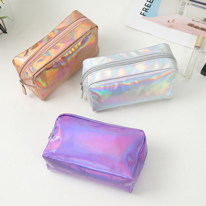 PU-Kosmetik-Tasche Custom Logo Holographische Silber Lila wasserdichte Reißverschluss Tasche Rose Gold Make-up-Tasche Mode