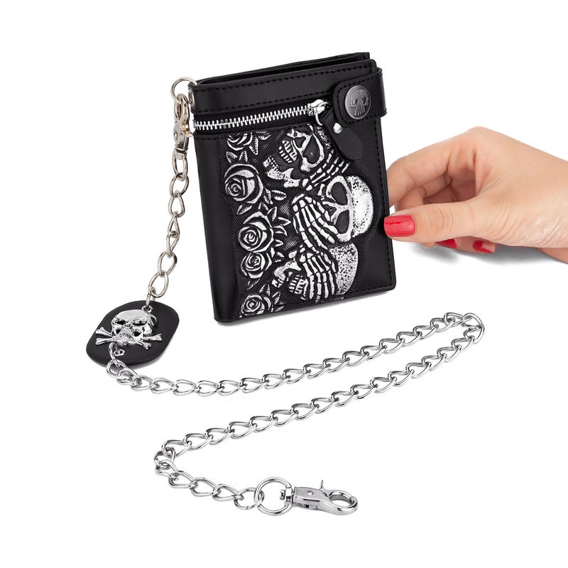 Modische Rose Schädel Anti-Diebstahl-Kette Streifen Kurz und Lang Wallet Lederaum Wallet