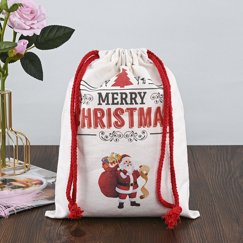 Persönliches Logo 2022 Weihnachtsschnur Taschen 100% Baumwolle Weihnachtsmann Strümpfe Süßigkeiten Nüsse Geschenkpackung