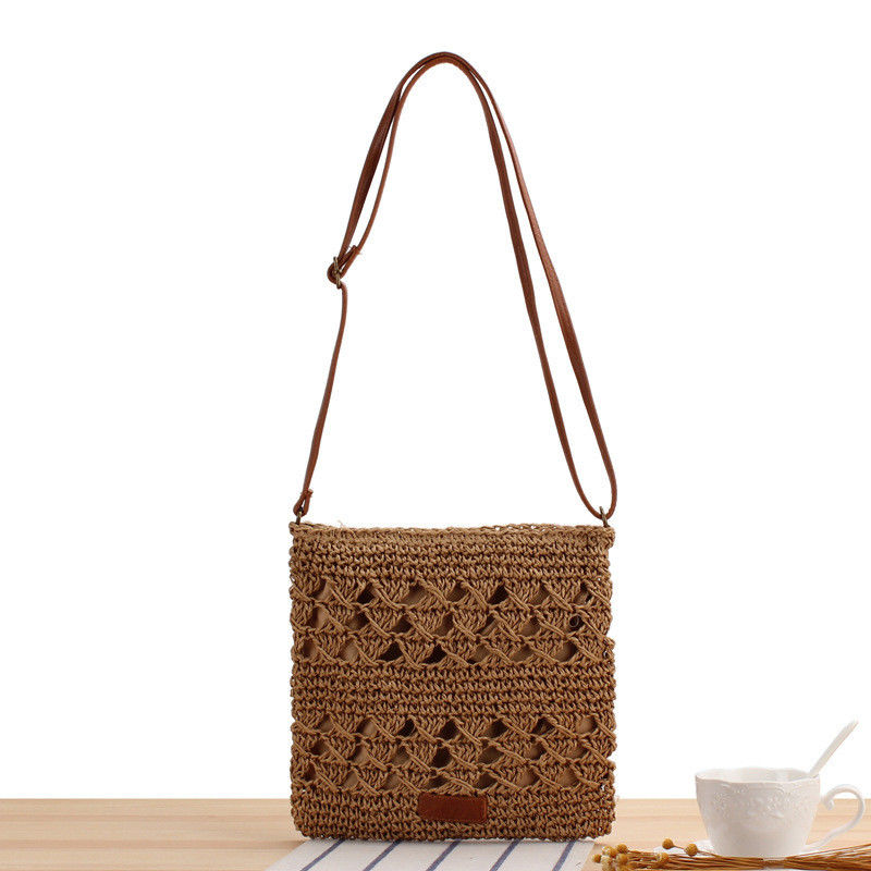 Sommer Beach Crossbody gestrickte Strohbeutel für Frauen mit Polyester Auskleidung und offenem Verschluss