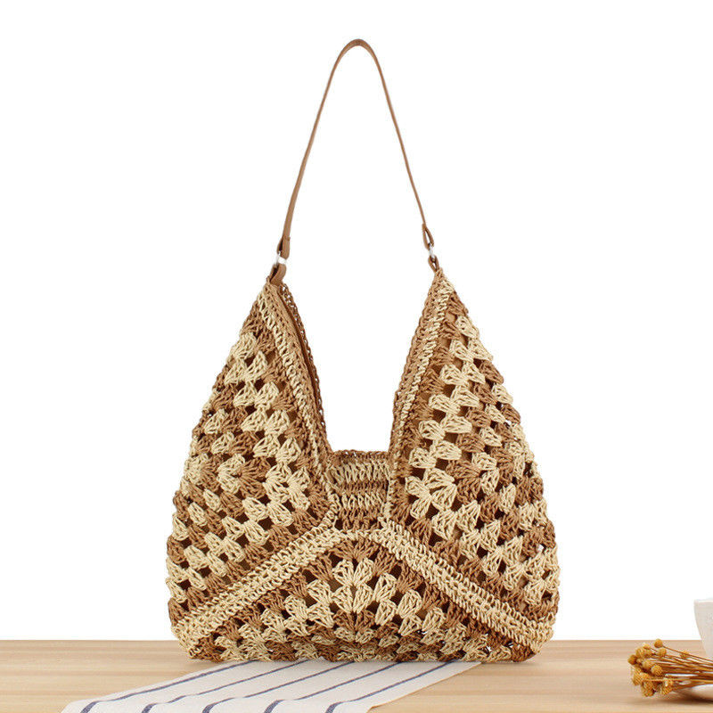 Umweltfreundliche Handgewebte Strandtasche für Frauen mit Hohl-Out-Blumengestaltung und PU-Lederband