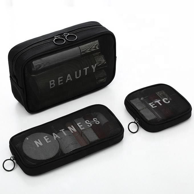 Massivmuster Typ Nylon-Gitter Toilettenartikel Make-up Kosmetik-Tasche Set mit benutzerdefinierten Buchstaben Logo