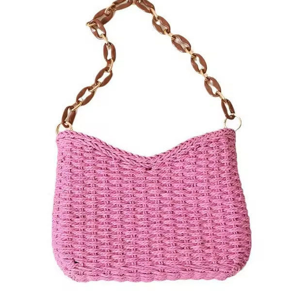 2024 Kleine frische lila Strohtasche Gewebte Handarbeit für das Seaside Resort Strand Feste Farbe
