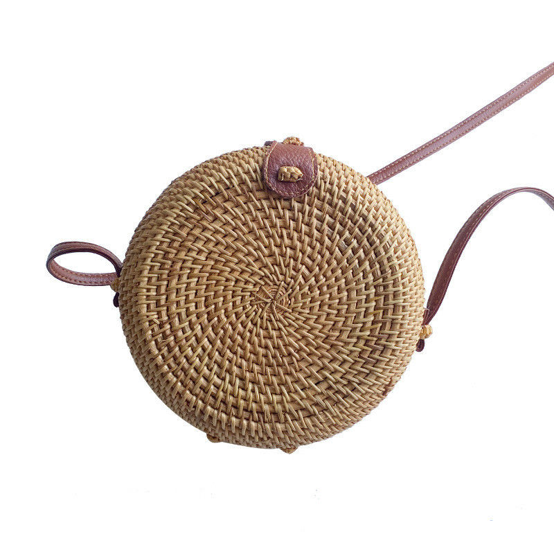 Unisex rundes Strohstrand Vintage handgewebter Kreis Urlaub Portable Schultertasche