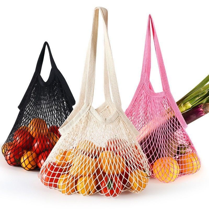 Langgriffige Tasche für den Einkauf von Obst und Gemüse aus wiederverwendbarer Bio-Baumwolle