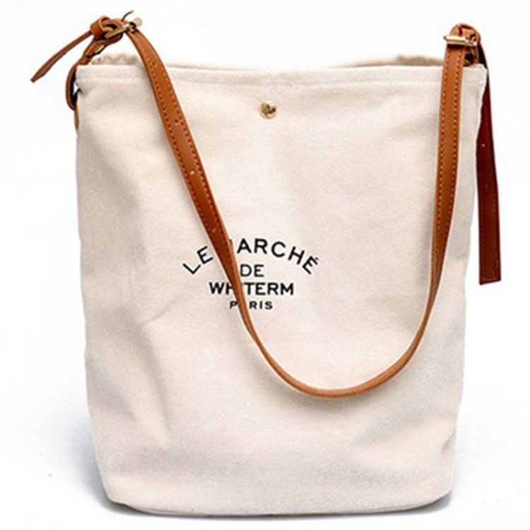 Modedesign für Frauen Custom Logo Baumwolle Leinwand Tote-Tasche mit braunen Ledergriffe