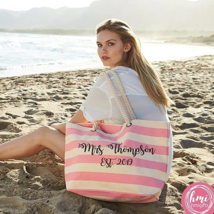 Personalisierte Logo Leinwand Streifen Tote Tasche für Sommer Beach School Tasche Trolley Ankunft