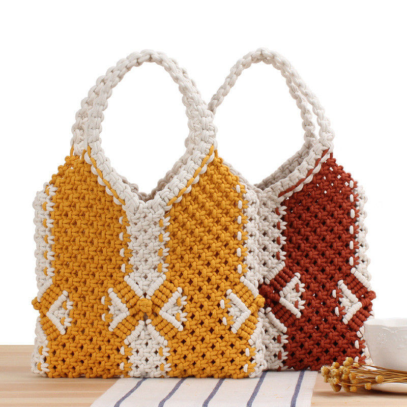 Polyester Auskleidung Sommer Stroh Strand Tasche für Frauen Handgewebte Bohemian gestrickte Handtasche