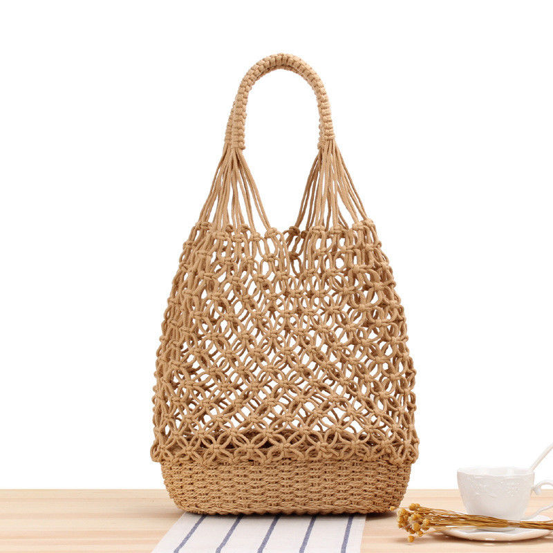 Neueste Modeschnitte Farbe Gewirkt Hohl aus Gewebte Strandtaschen Stroh Tote Tasche