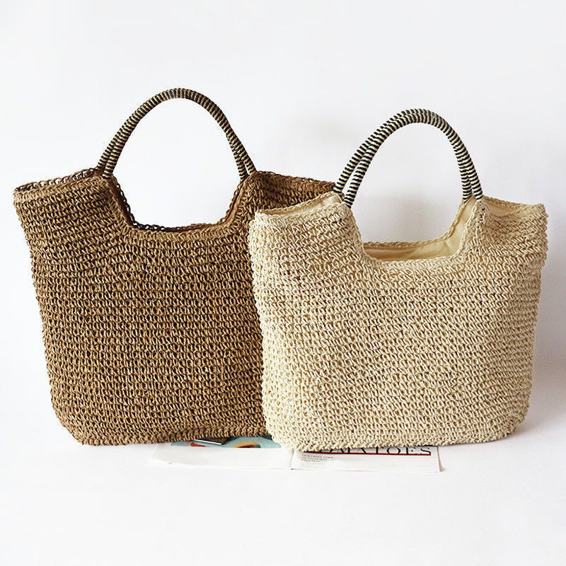 Polyester Auskleidungsmaterial Handgefertigt Frauen Stroh Schultertasche für Sommer Strand Große Tote Tasche