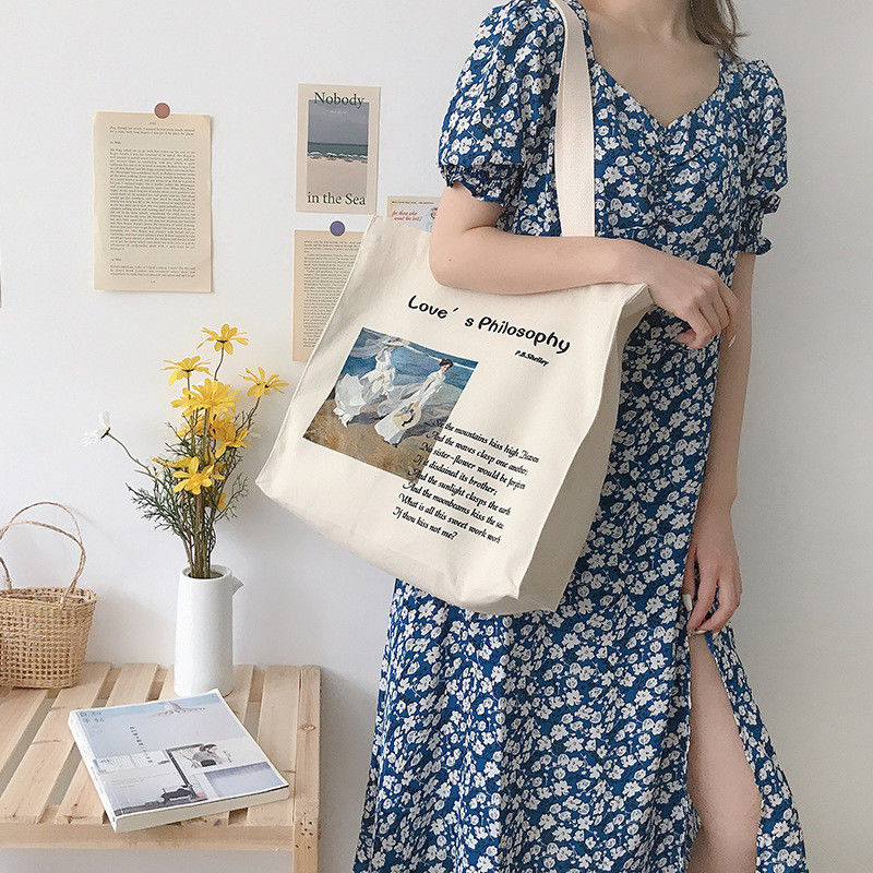 Customized Letter Print Baumwoll-Tote-Tasche für mittelgroße Lebensmittel-Einkaufsanforderungen
